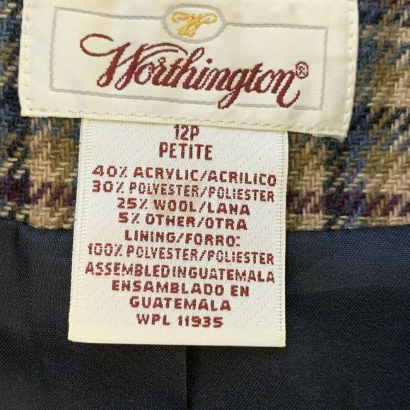 Worthington Blazer Jacket Women 12p Wool Blend 2 Button Brown Plaid Lined - Picture 9 of 10